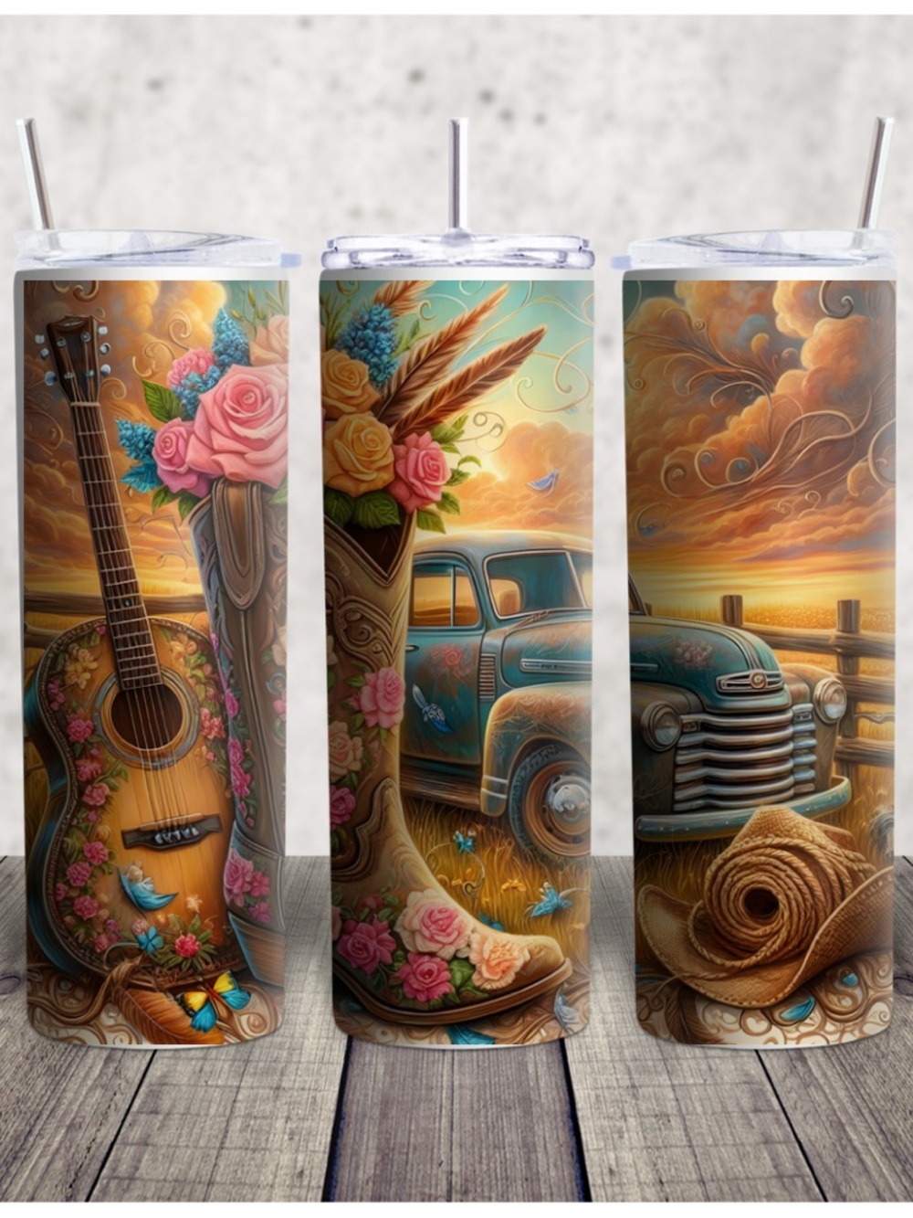 Hand Crafted Brown and Pink Western Floral Guitar Travel Tumbler
